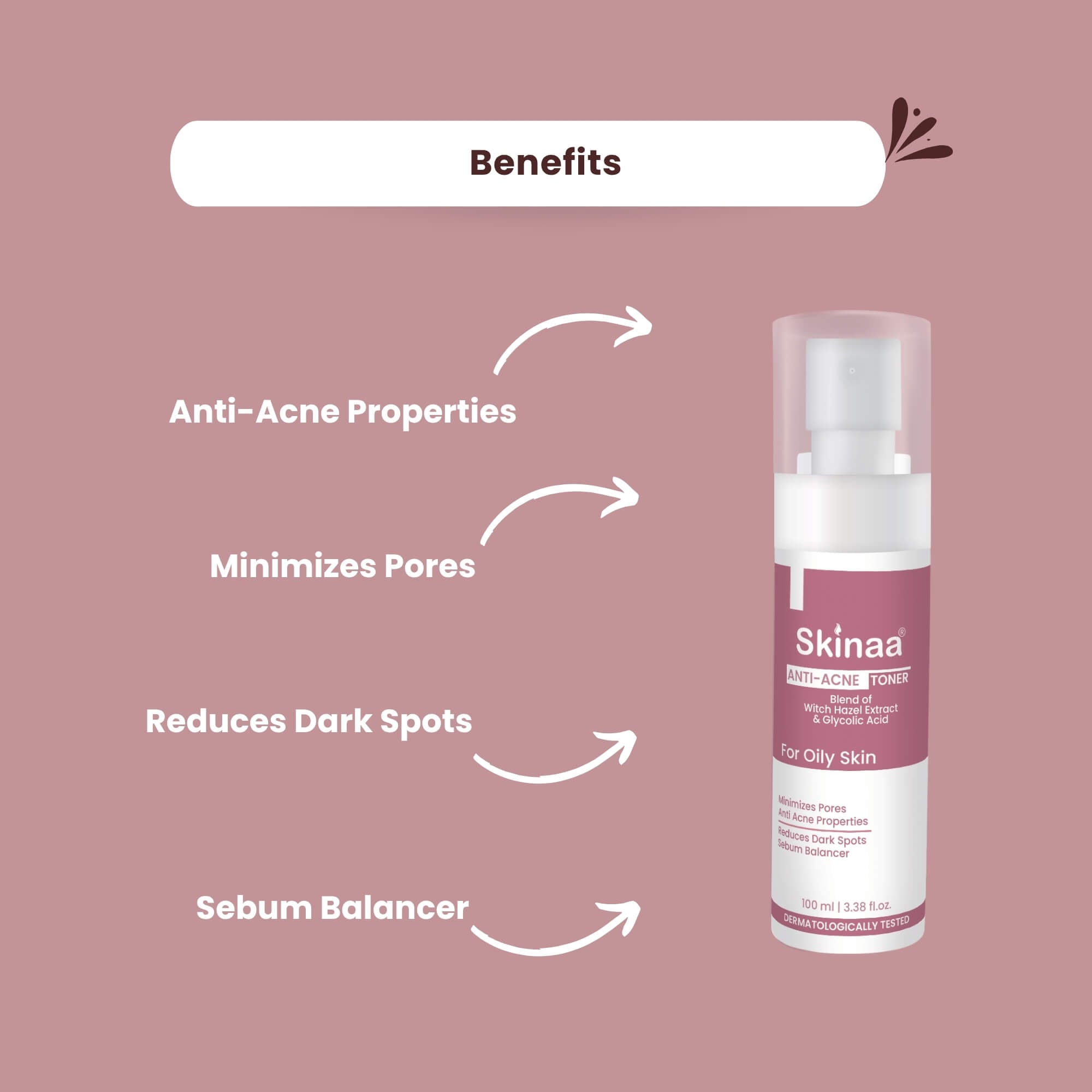 Skinaa Anti-Acne Toner benefits – controls acne, minimizes pores, reduces dark spots, and balances sebum for oily skin. Dermatologically tested toner for clear and healthy skin
